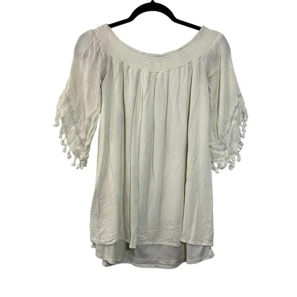 Aqua Off White Blouse Size Small Tassels Boho Neutral Seersucker Neckline Top - Picture 2 of 7